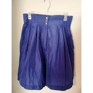 Vtg Compagnie International Express Blue Purple Silk Pleated Wide Leg Shorts M